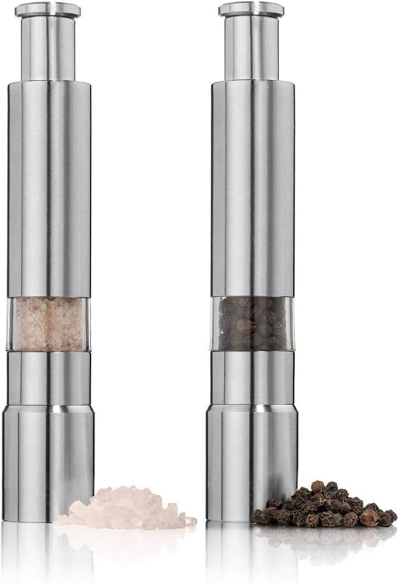 Stainless Steel Push Button Pepper & Salt Grinder Modern Thumb Press Design