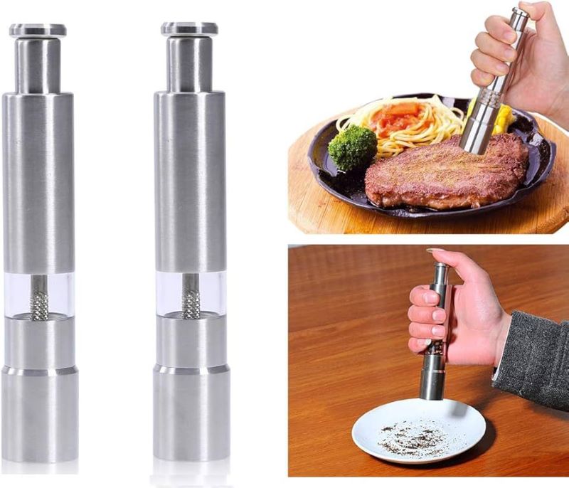 Stainless Steel Push Button Pepper & Salt Grinder Modern Thumb Press Design