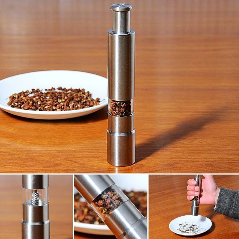 Stainless Steel Push Button Pepper & Salt Grinder Modern Thumb Press Design