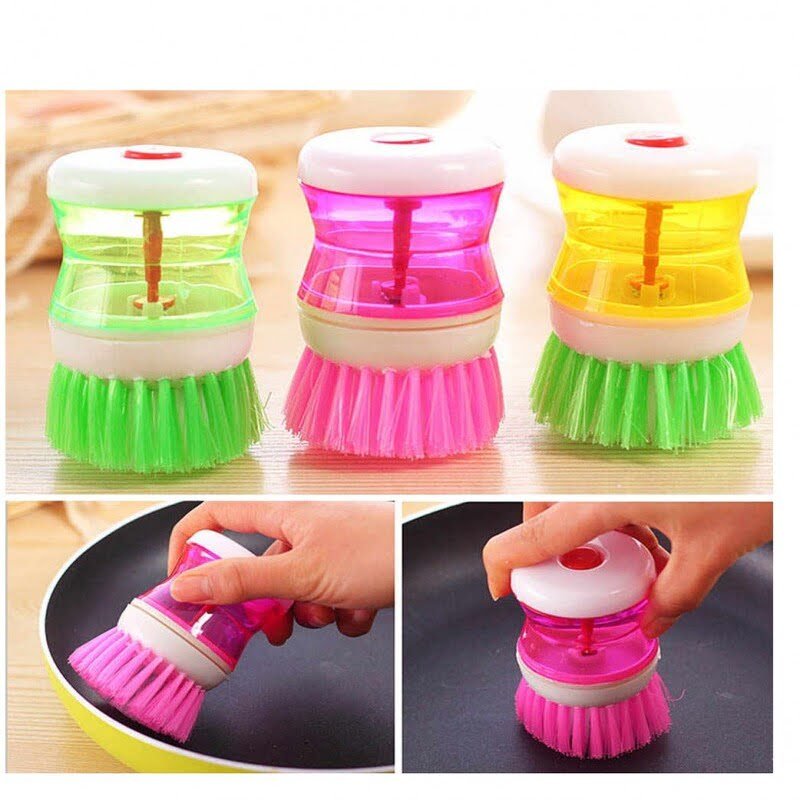 Pack of 2 kitchen wash tool pot dish plastic brush with washing up liquid soap dispenser scrubs pots