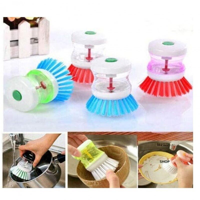 Pack of 2 kitchen wash tool pot dish plastic brush with washing up liquid soap dispenser scrubs pots