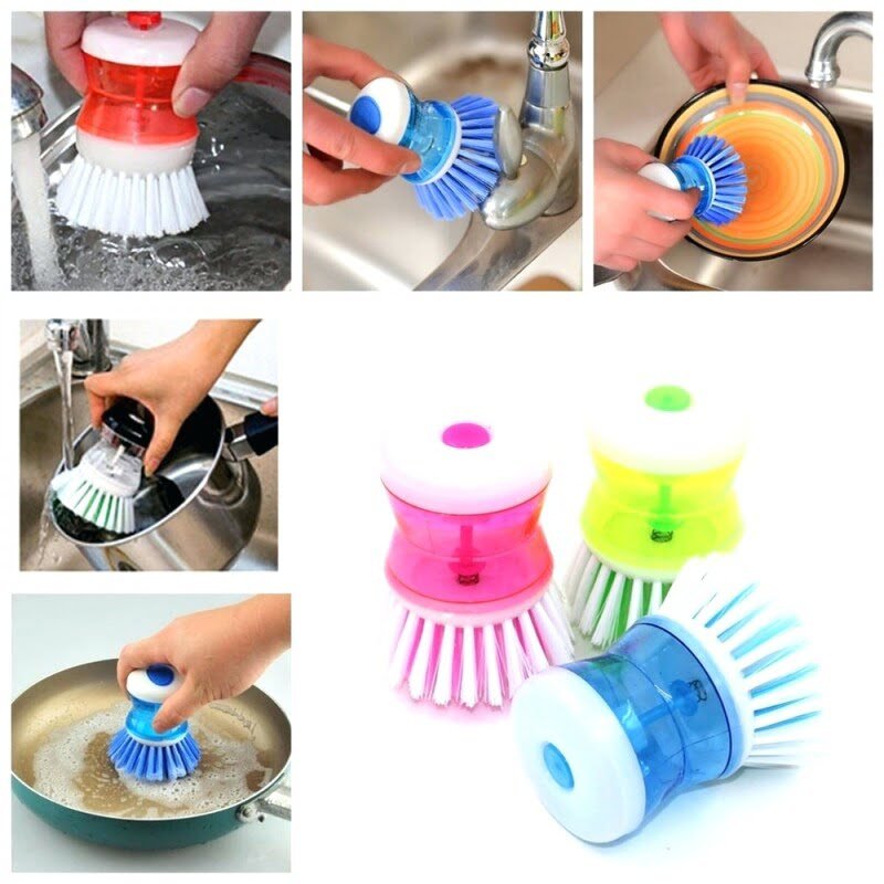 Pack of 2 kitchen wash tool pot dish plastic brush with washing up liquid soap dispenser scrubs pots