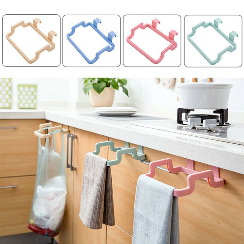 Set of 2 towel rack storage hook for kitchen cabinet door back plastic garbage bag shelf trash bag holder