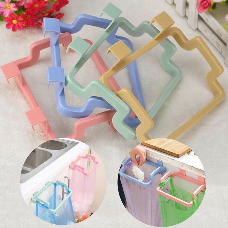 Set of 2 towel rack storage hook for kitchen cabinet door back plastic garbage bag shelf trash bag holder