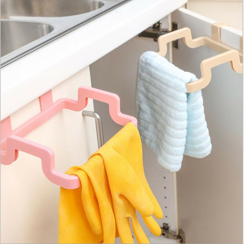 Set of 2 towel rack storage hook for kitchen cabinet door back plastic garbage bag shelf trash bag holder