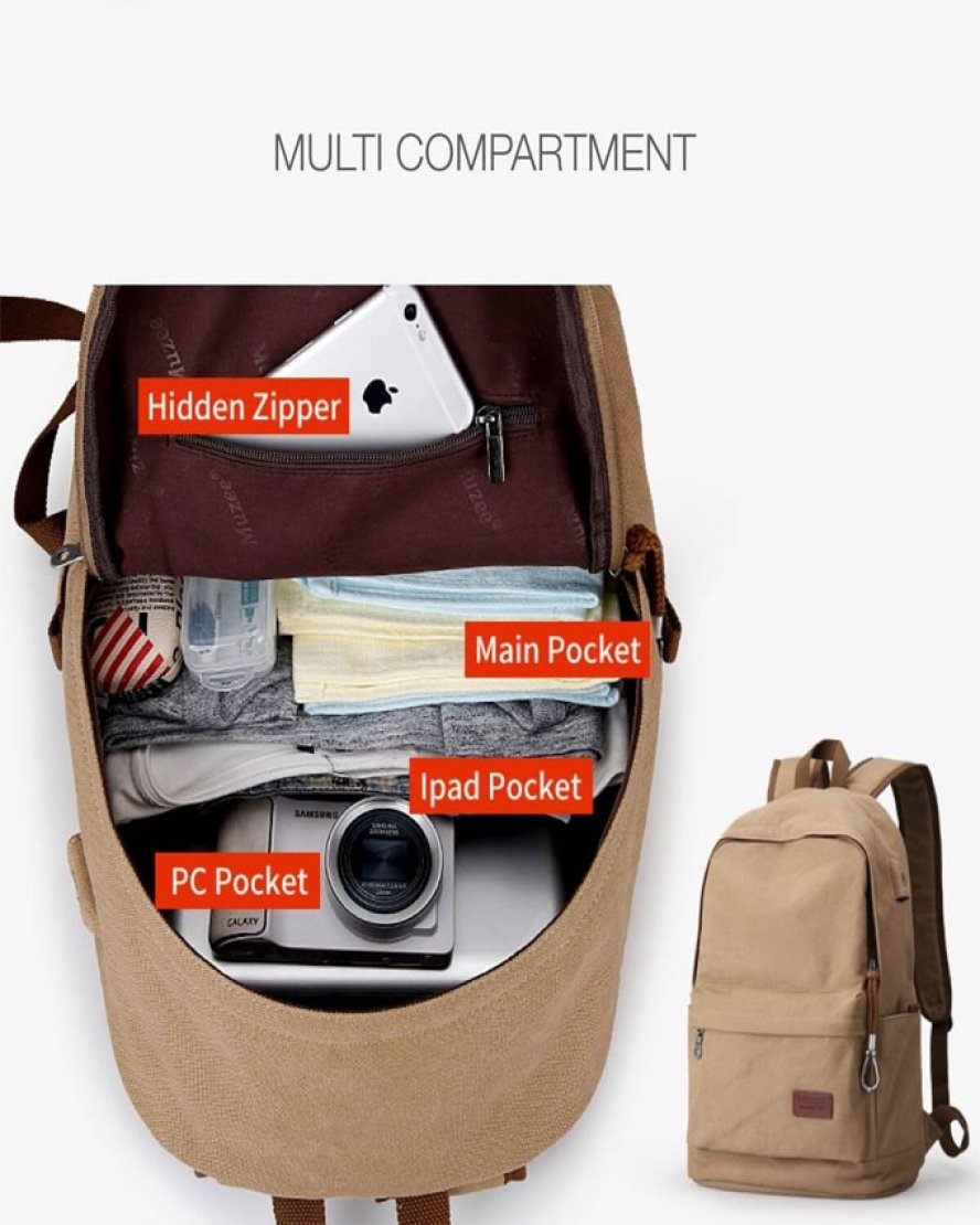 Muzee 15.6 inch laptop backpack with usb charging port bag - khaki