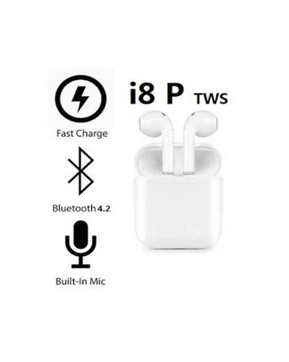 Twin true i8p wireless bluetooth v4.2 earbuds, double earpiece, twins earphones with charging box - white