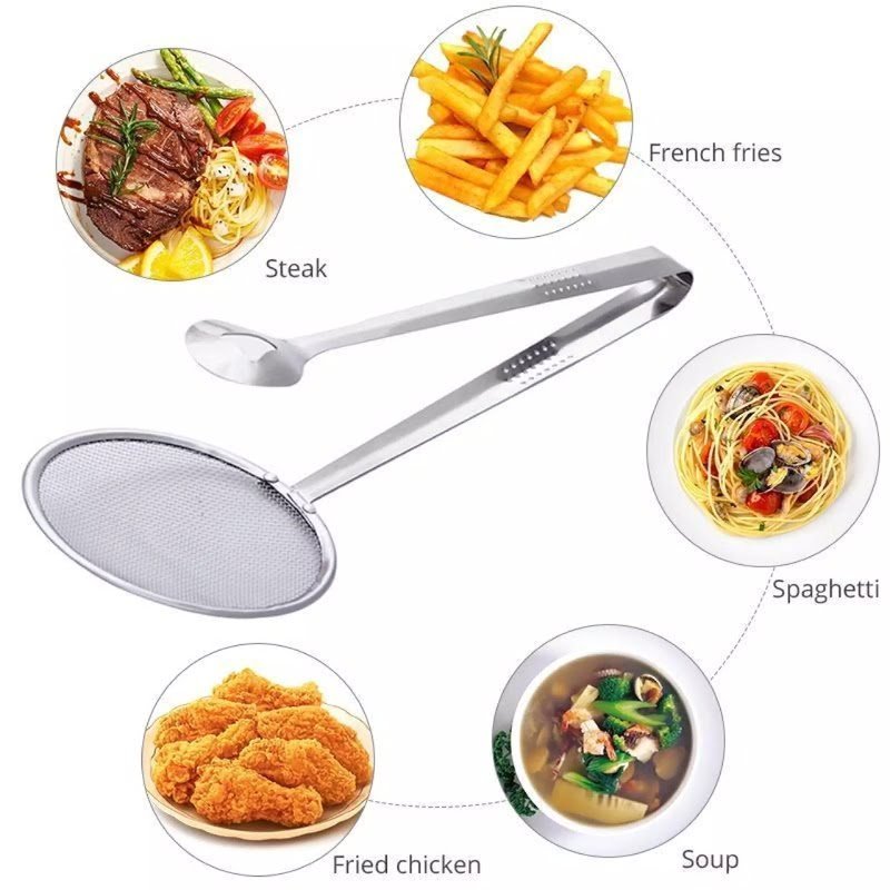 Stainless steel kitchen serving tongs frying filter spoon multi-function kitchen gadget filter spoon with clip stainless steel clamp