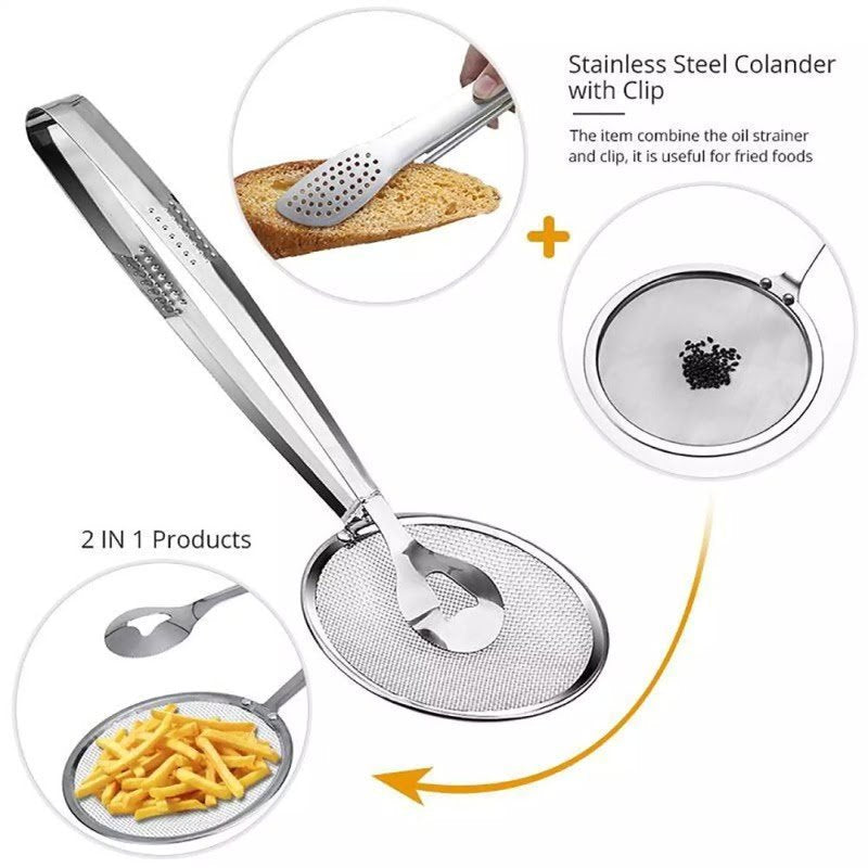 Stainless steel kitchen serving tongs frying filter spoon multi-function kitchen gadget filter spoon with clip stainless steel clamp