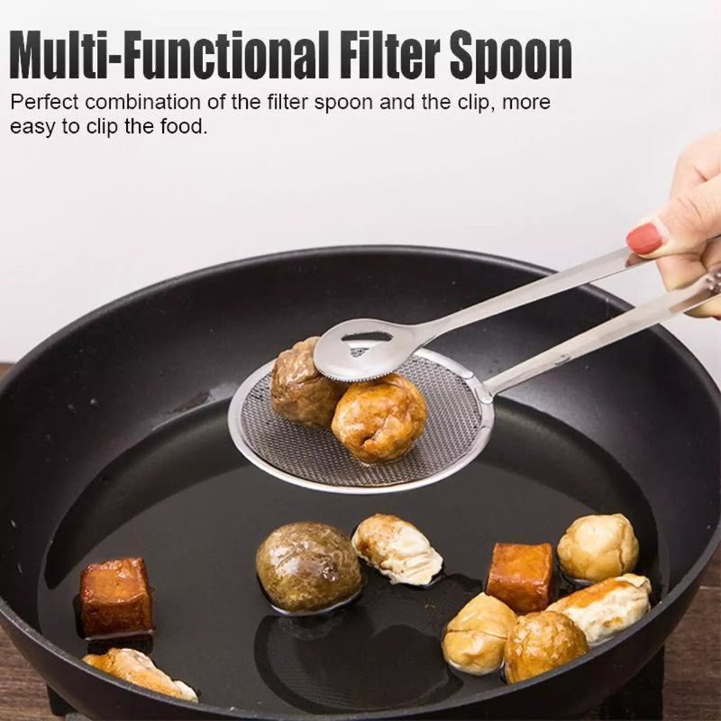 Stainless steel kitchen serving tongs frying filter spoon multi-function kitchen gadget filter spoon with clip stainless steel clamp