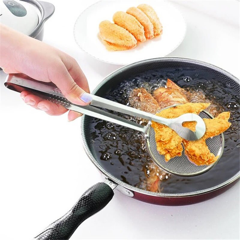 Stainless steel kitchen serving tongs frying filter spoon multi-function kitchen gadget filter spoon with clip stainless steel clamp