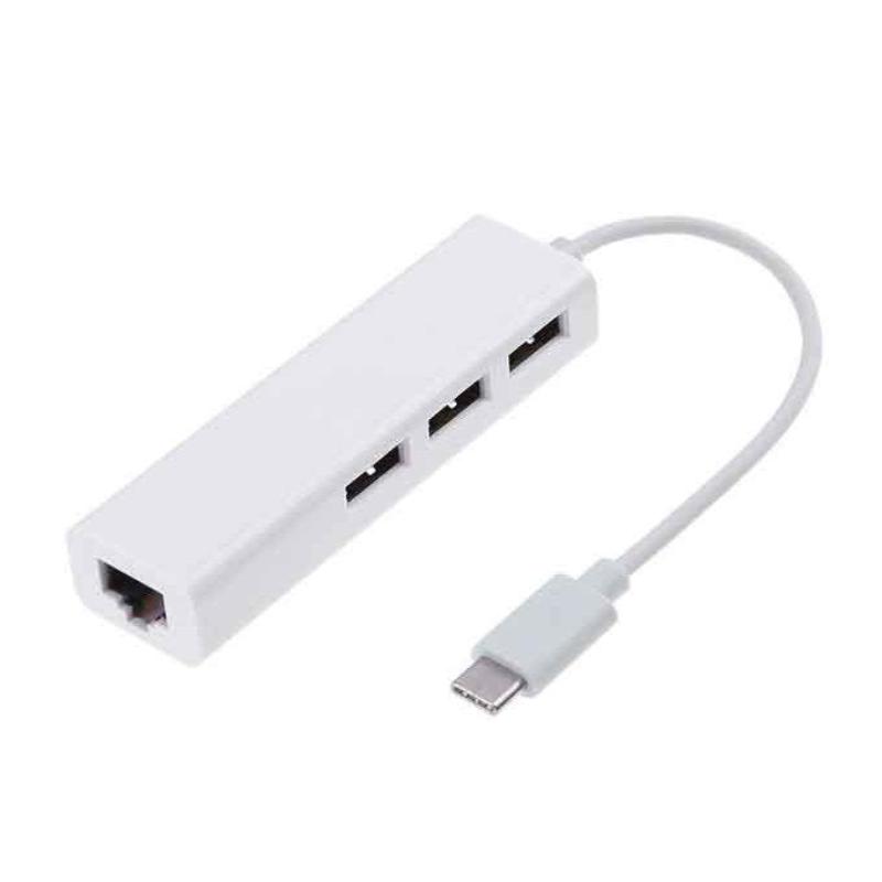 Type-C USB 3.1 To 3 Port USB 2.0 100m Rj45 Ethernet Lan Network Hub Adapter - White