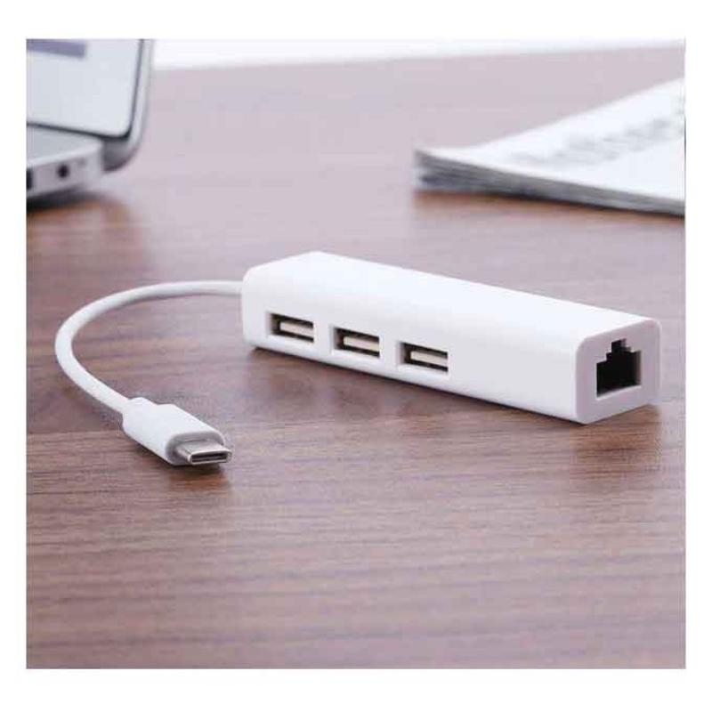 Type-C USB 3.1 To 3 Port USB 2.0 100m Rj45 Ethernet Lan Network Hub Adapter - White