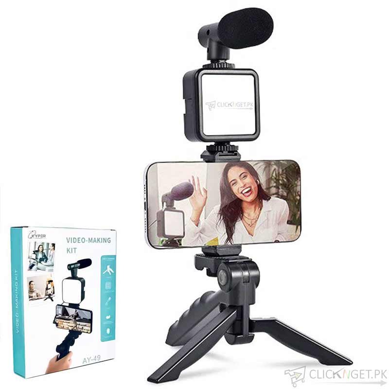 AY-49 Video-Making Kit Vlogging Tripod with Microphone LED Fill Light