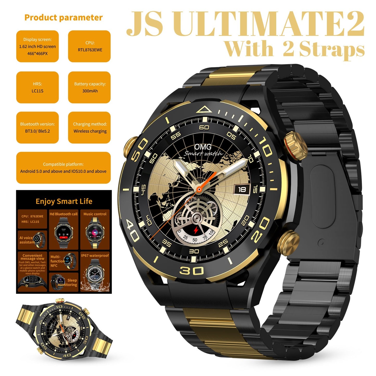 Js Ultimate2 1.53 Inch Bt Call Smart Watch Rdfit App With 2 Straps (silicone Strap/steel Belt) Gold Style