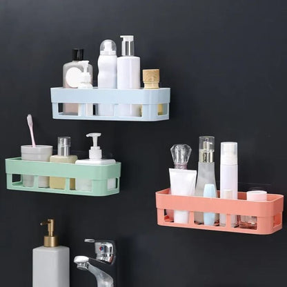 "Wall-Mounted Plastic Shelf | Bathroom & Kitchen Storage Rack with Drain Holes for Shampoo & Essentials"