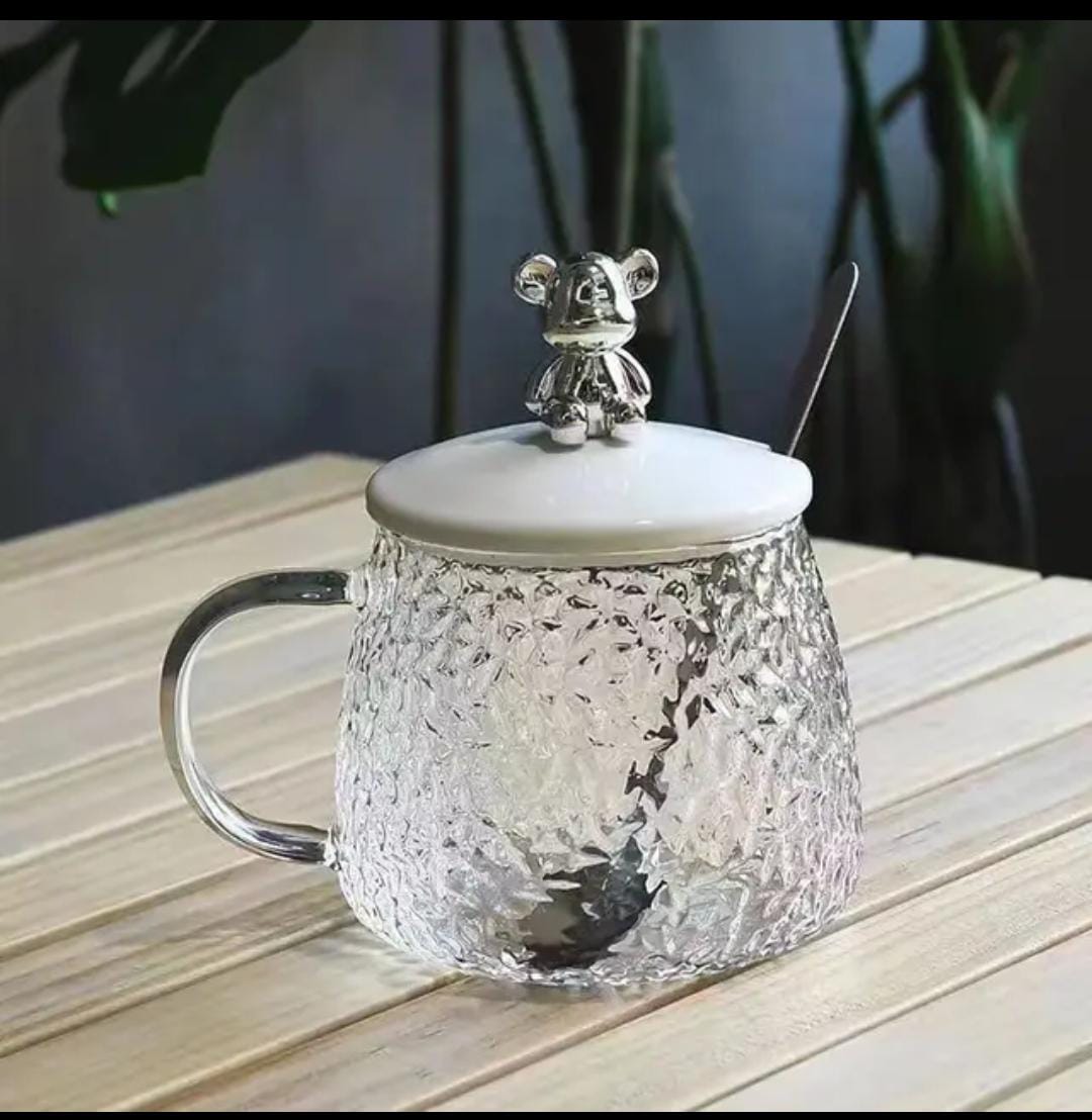 Heat-Resistant Glass Diamond Mug: Water, Coffee, Tea Cup with Rabbit Lid & Spoon for Office & Household