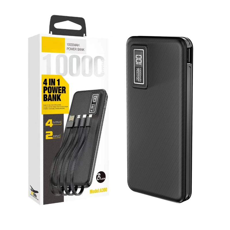 Aspor A300 Power Bank Original 10000mah Li-Polymer Battery 4 In1  Black