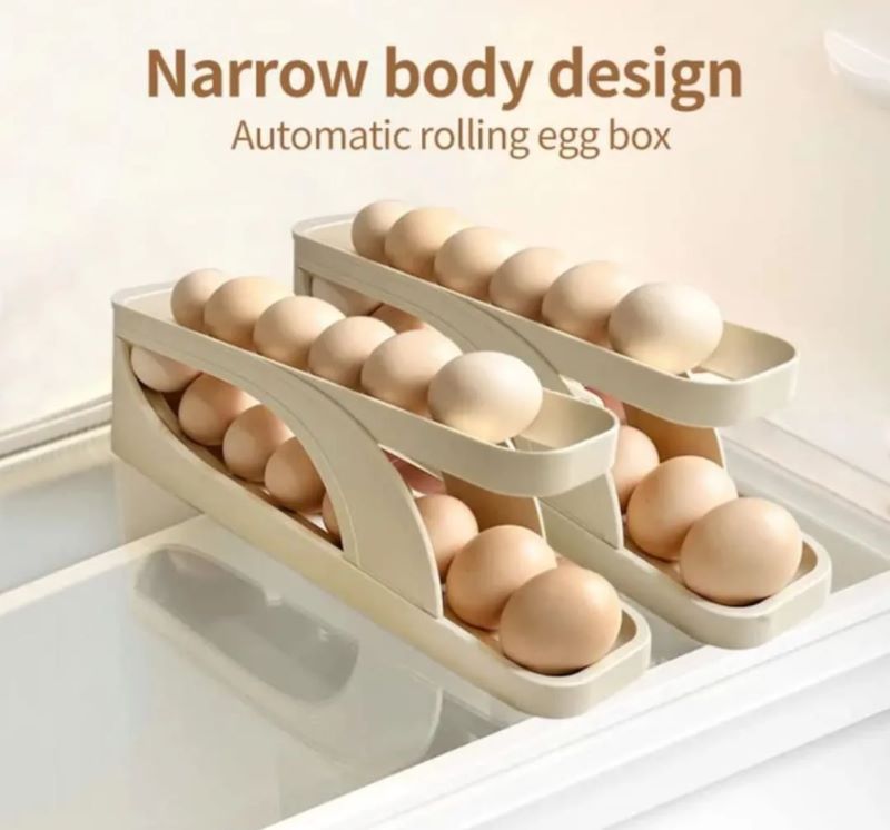 Double-Layer Sliding Egg Storage Box  Automatic Roller Tray for Kitchen & Fridge