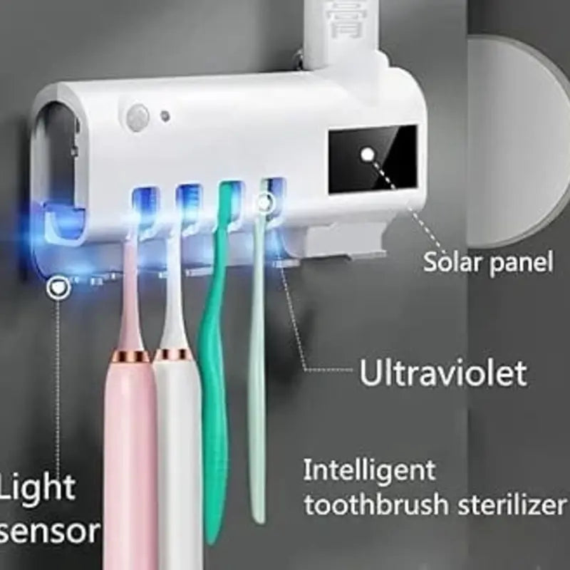UV sterilizing toothbrush holder with toothpaste dispenser