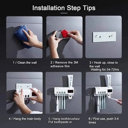 UV sterilizing toothbrush holder with toothpaste dispenser
