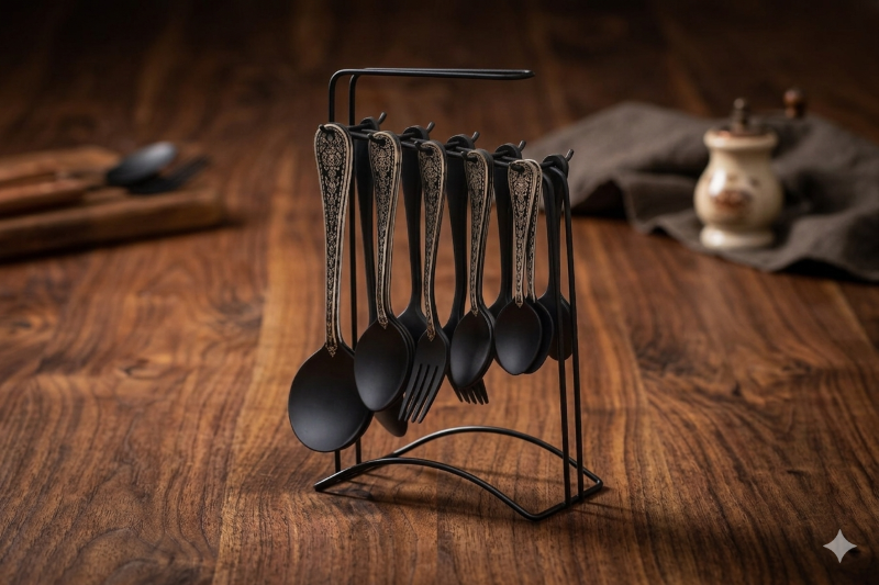 Stainless Steel Black Coated 29pcs Cutlery Set Design Full Floral