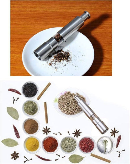 Stainless Steel Push Button Pepper & Salt Grinder  Modern Thumb Press Design