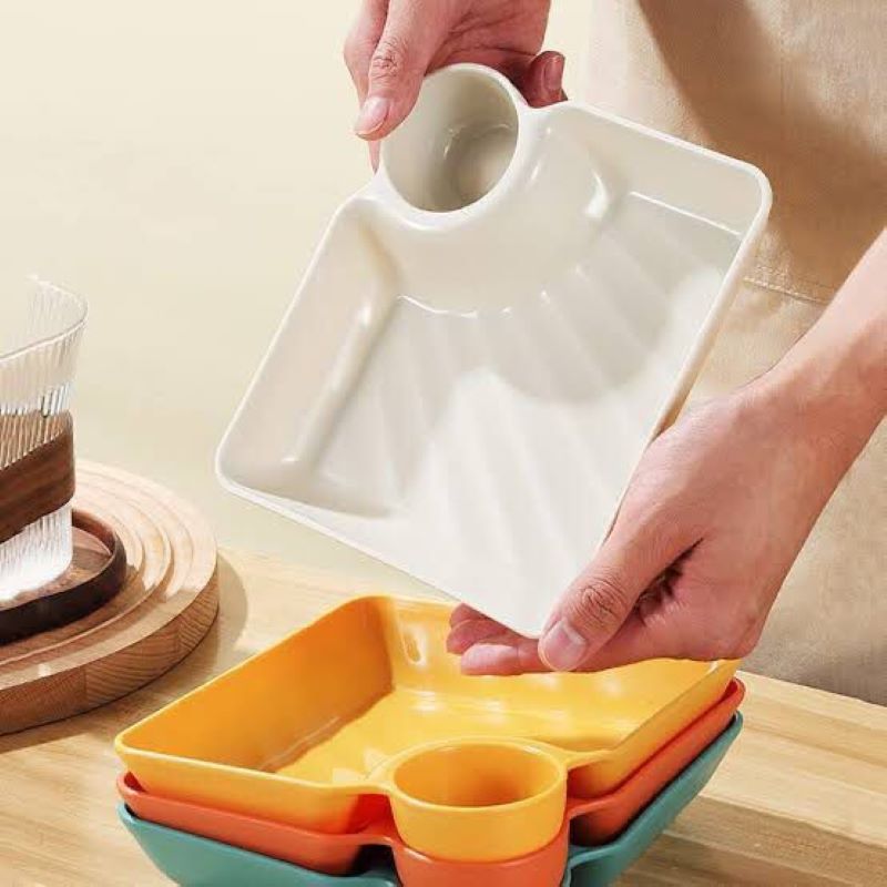 Multipurpose Snacks French Fries  Dumpling Plate with Sauce Compartment(Pack of 3)