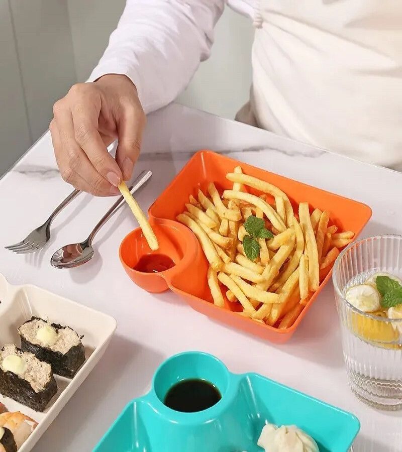 Multipurpose Snacks French Fries  Dumpling Plate with Sauce Compartment(Pack of 3)