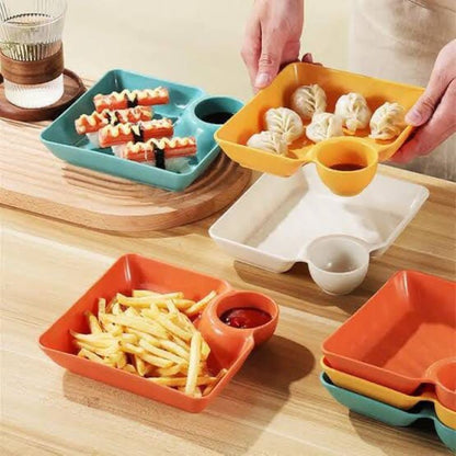 Multipurpose Snacks French Fries  Dumpling Plate with Sauce Compartment(Pack of 3)
